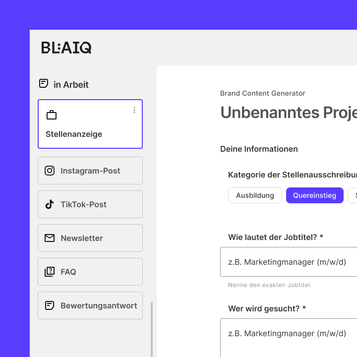 Detailansicht des KI-Generators von blaiq – intuitive Benutzeroberfläche für Contentproduktion